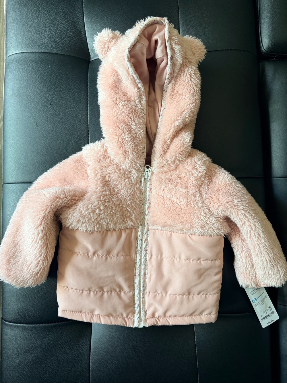 Cat & Jack Baby Girl Hooded Puffer Fleece Jacket Pink 3M Bear Ears
